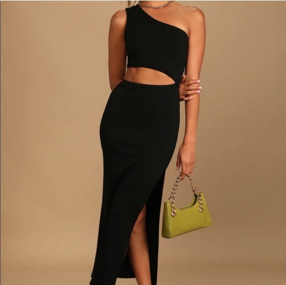 Lulu's Spice Things Up Black Ribbed One-Shoulder Cutout Midi Dress